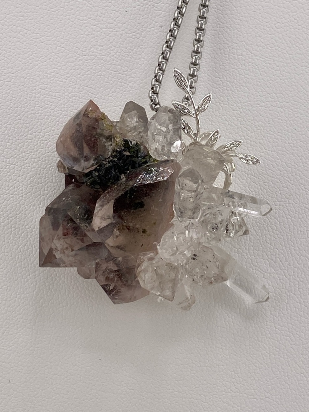 Super Seven Crystal Pendant with Herkimer Diamonds & Silver Alloy Leaf Accents - Picture 3 of 6